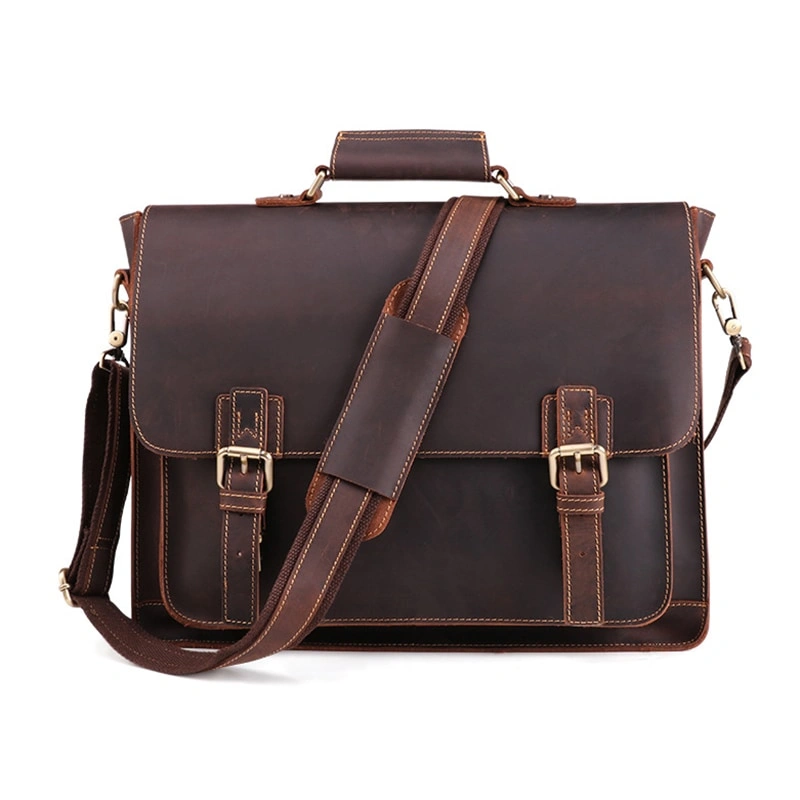 Quality Leather Men's Business Briefcase with 15.6-Inch Laptop Compartment and Vintage Style.